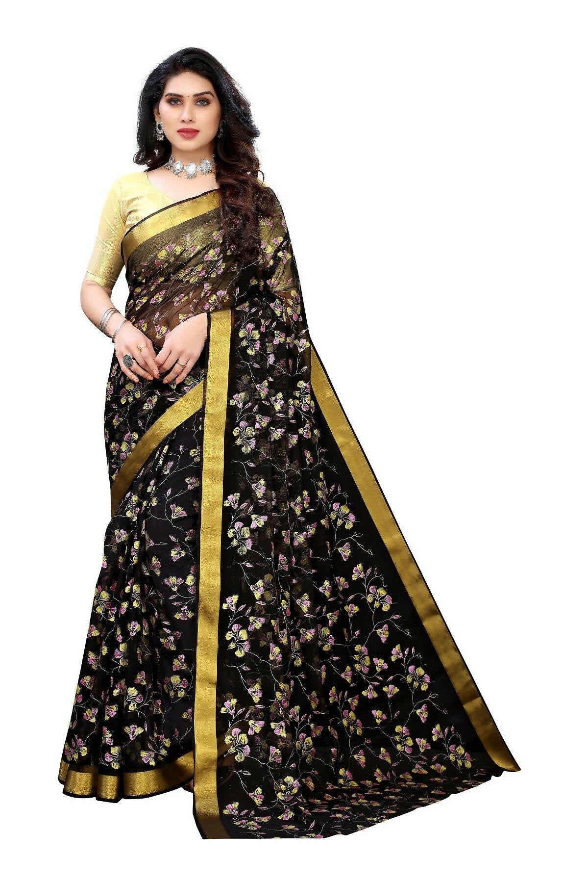 Vamika Black Printed Chiffon Saree (UJALA BLACK) - Distacart