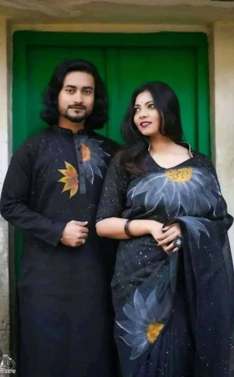 Exclusive Collection Elegant Hand Printing Designe On Pure Cotton Saree And Men's Kurta - Black - Distacart