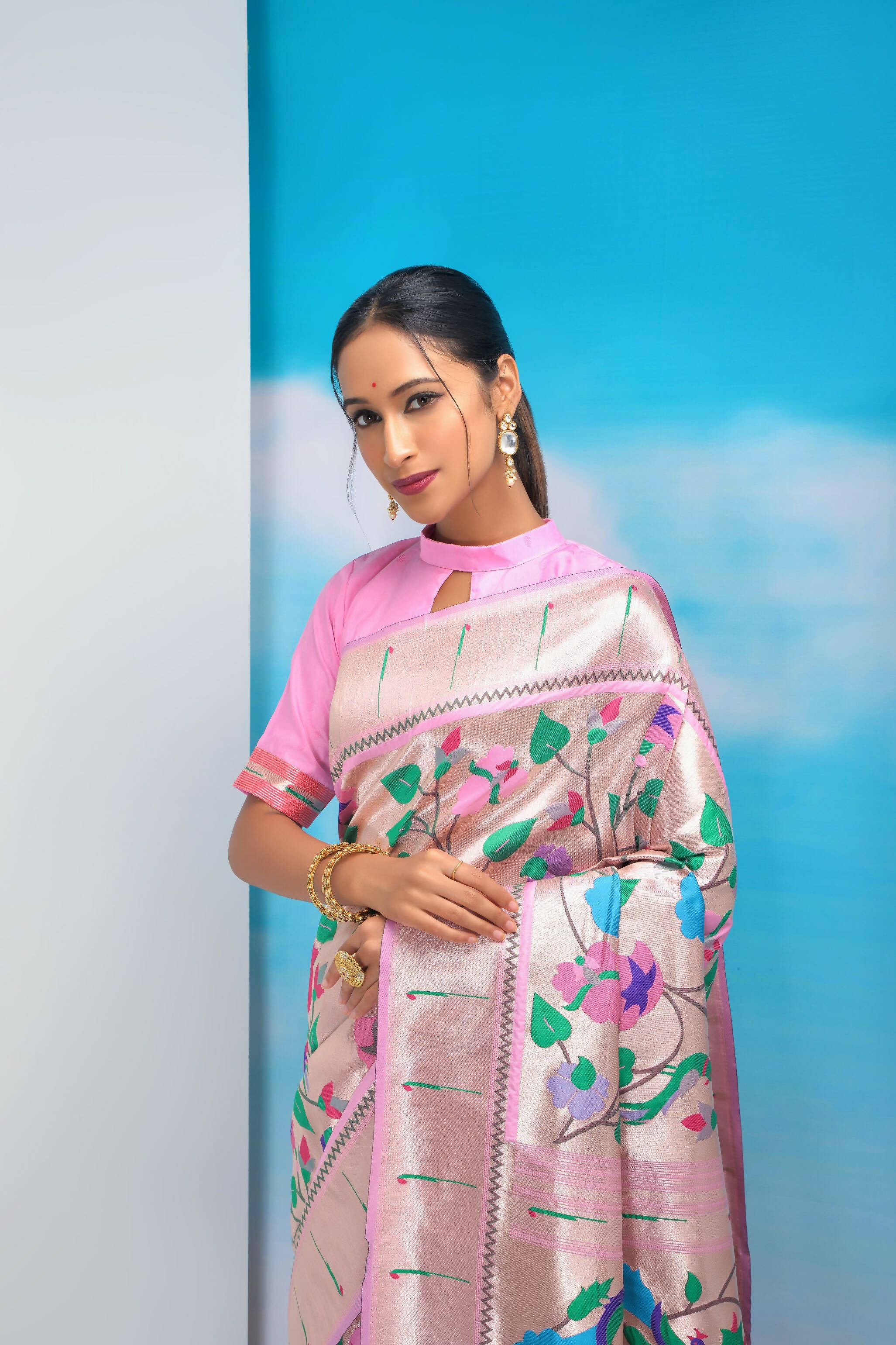 Vishnu Weaves Women's Baby Pink Paithani Silk Minakari Zari Woven Saree with Unstitched Blouse - Distacart