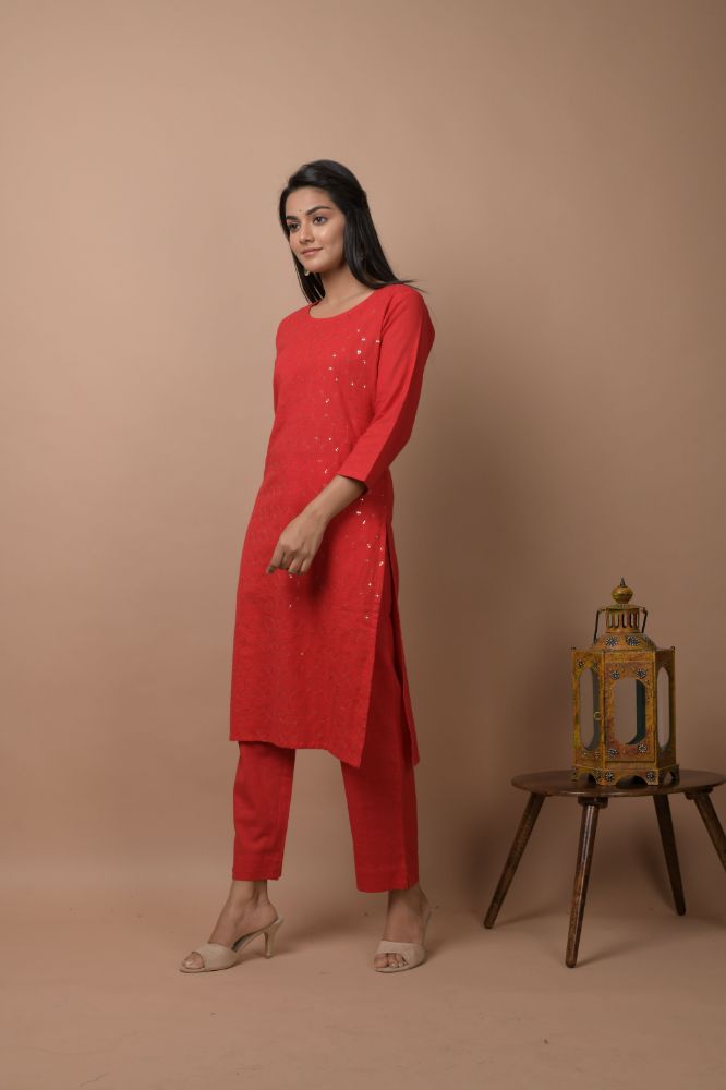Kaajh Women's Red Solid Sequins Embellished Kurta Pant Set - Distacart