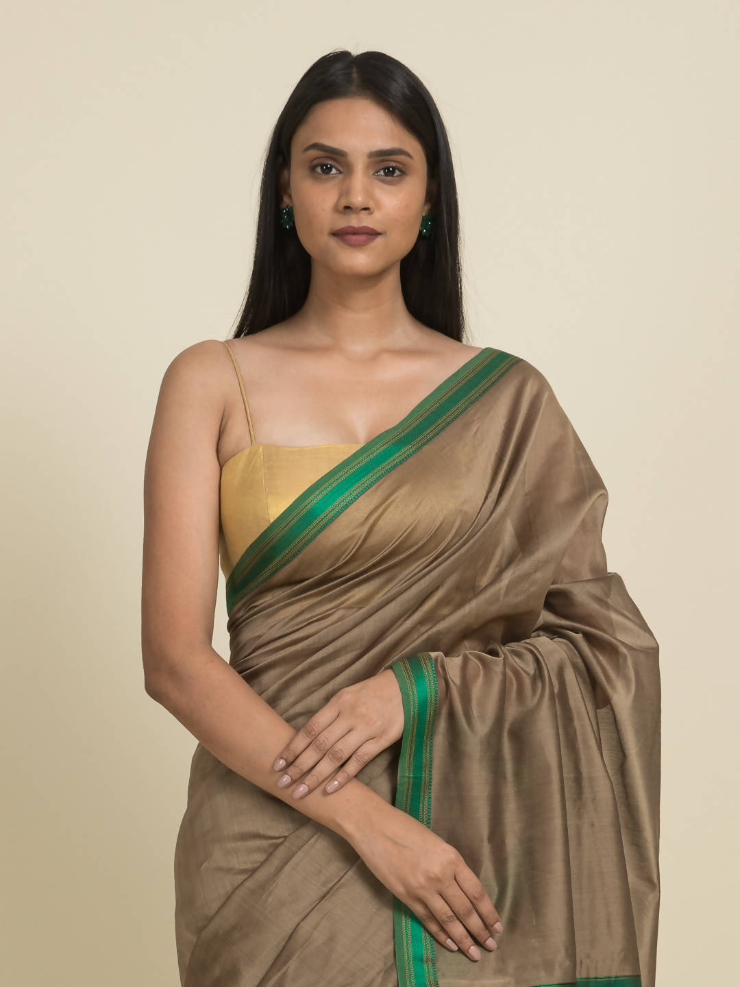 Suta Brown Green Zari Silk Cotton Maheshwari Saree - Distacart