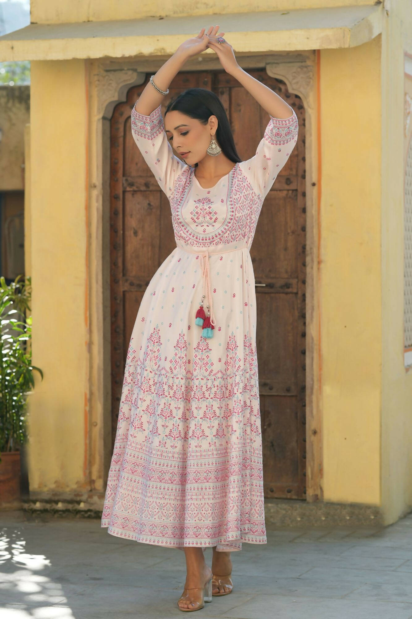 Juniper Women's Pink Viscose Shantoon Festive Printed Flared Dress - Distacart