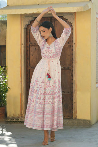 Juniper Women's Pink Viscose Shantoon Festive Printed Flared Dress - Distacart