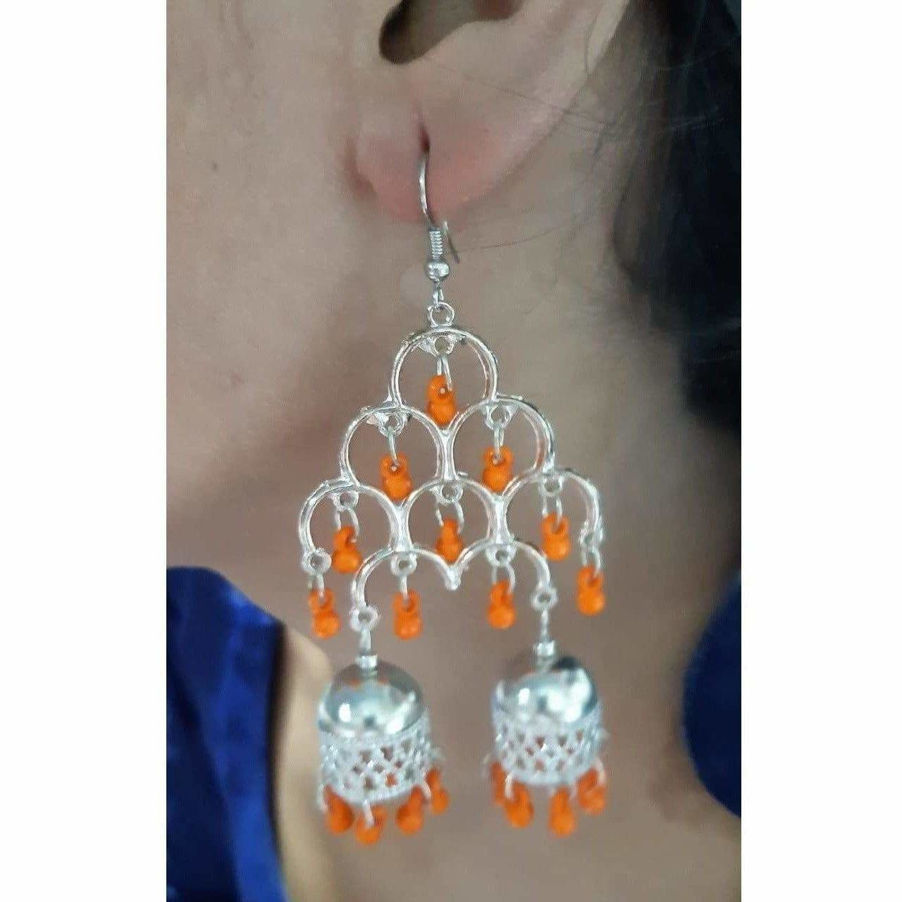 Silver Oxidized Fashion Traditional Double Jhumka Long Orange Pearls Earrings