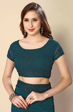 Thumbnail for Teal Georgette Embroidered and Stone Work Saree with Unstitched Blouse Piece - Roozal - Distacart