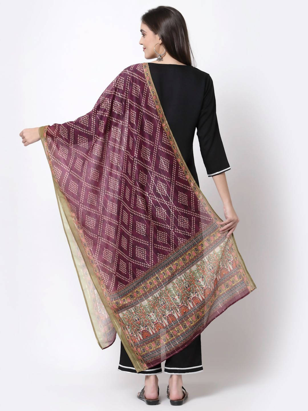 Myshka Black Cotton Half Sleeve V Neck Solid Casual Kurta Pant Dupatta Set