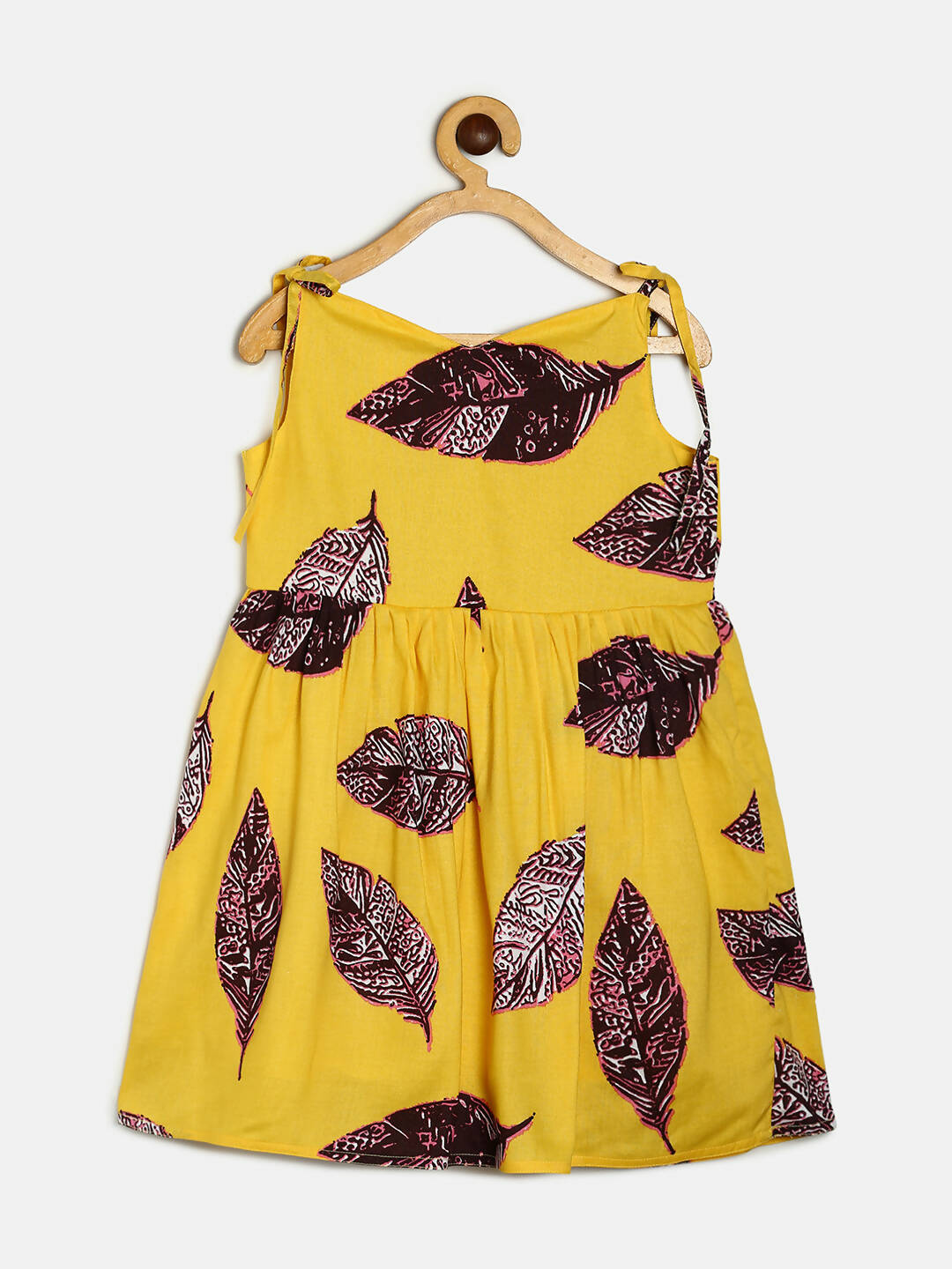 Manet Girls Cotton String Tie Frock Brown Leaf Printed - Yellow - Distacart