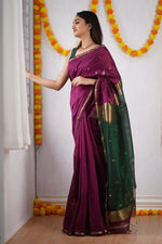 Thumbnail for DEIANA'S Beautiful Golden Jari with New Design Soft Cotton Saree - Wine - Distacart
