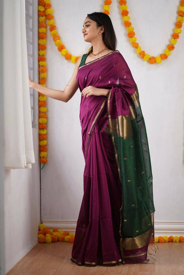 DEIANA'S Beautiful Golden Jari with New Design Soft Cotton Saree - Wine - Distacart