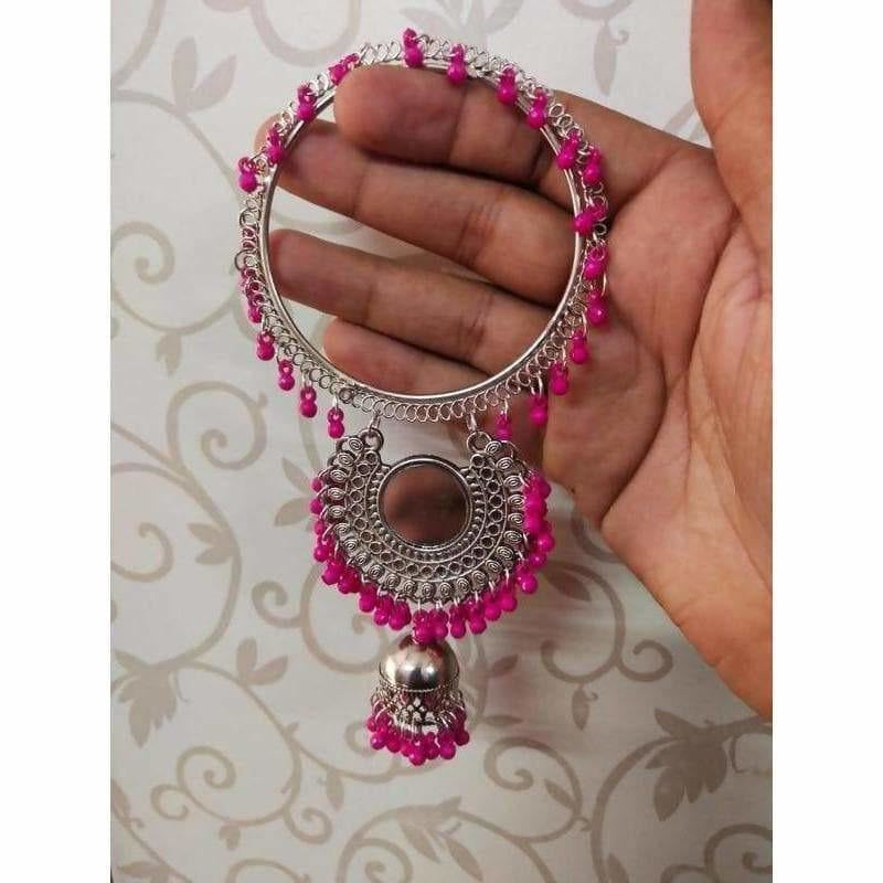 Pink Pearls Silver Color Latkan Jhumka Bangles