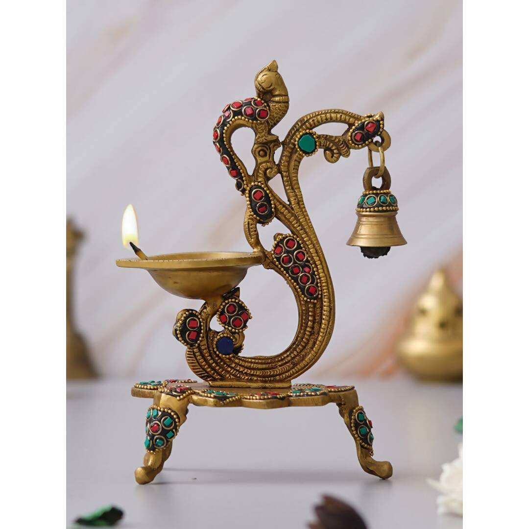 eCraftIndia Gold Toned Peacock Shaped Traditional Brass Diya With Bell & Stand - Distacart