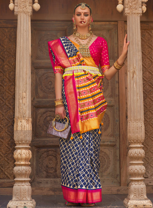 Navy Blue Silk Geometric Printed Saree With Unstitched Blouse Piece - Aanchal - Distacart