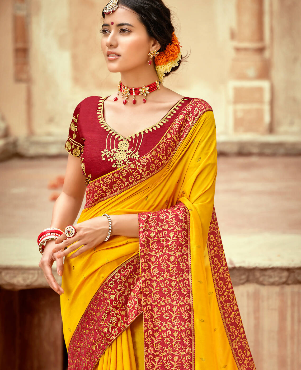 Mustard Vichitra Stone Work Saree With Unstitched Blouse Piece - Rosy - Distacart
