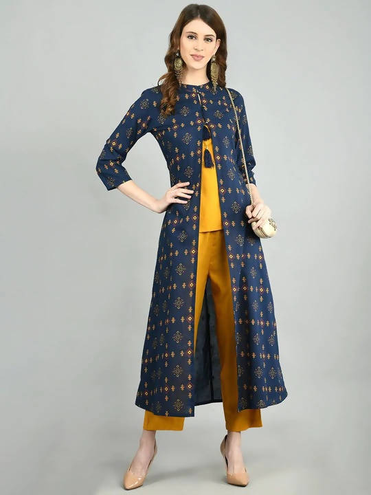 Myshka Women Navy Blue Cotton Printed Shrug, Top And Pant Set - Distacart