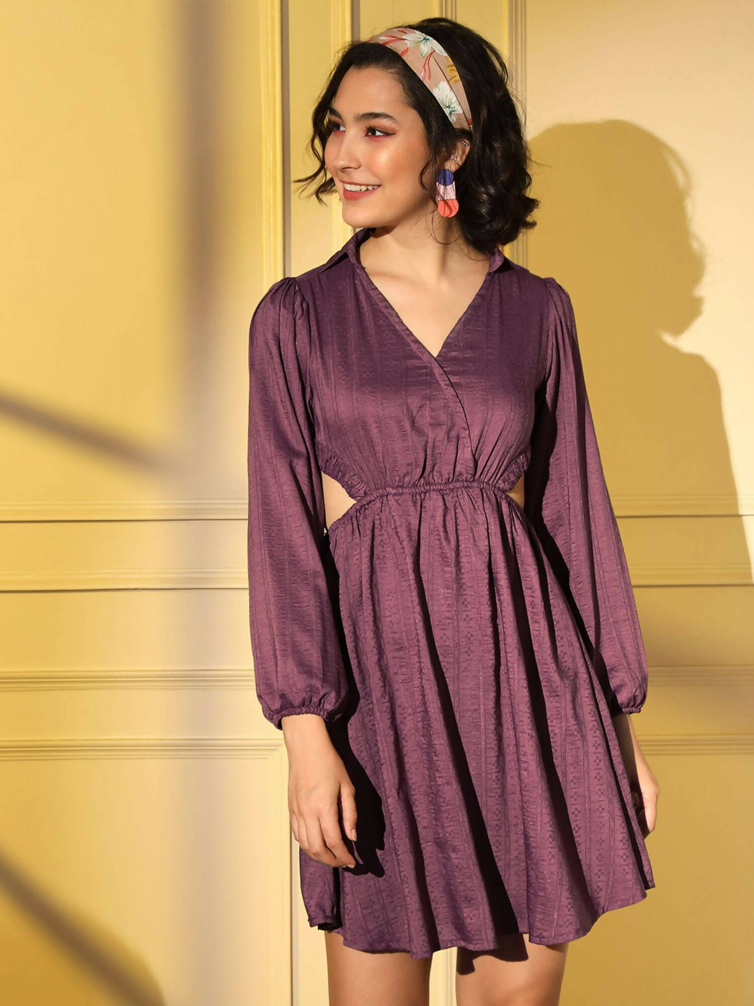 Wine Viscose Solid Flared Dress - Shivani - Distacart