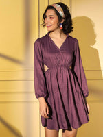 Thumbnail for Wine Viscose Solid Flared Dress - Shivani - Distacart
