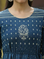 Thumbnail for Juniper Blue Rayon Festive Printed Flared Dress For Women - Distacart