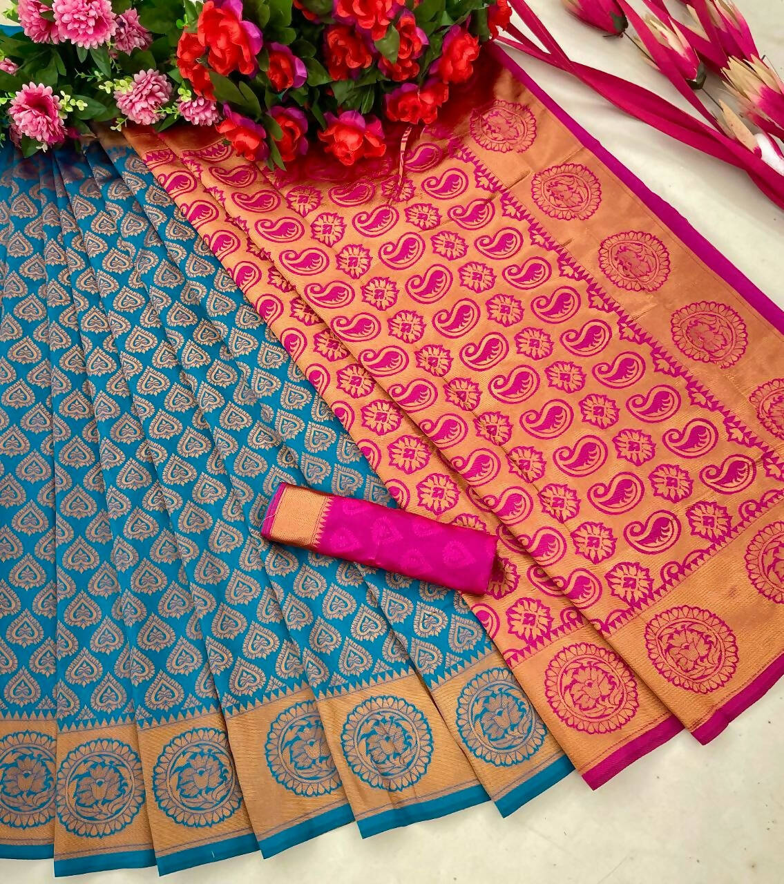 DEIANA'S Beautiful Golden Jari with New Design Soft Lichi Silk Saree - Blue - Distacart