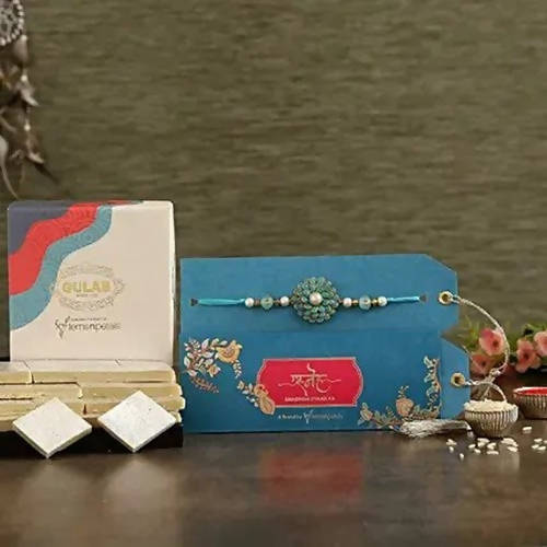 Floral Stylish Rakhi & Kaju Katli Box