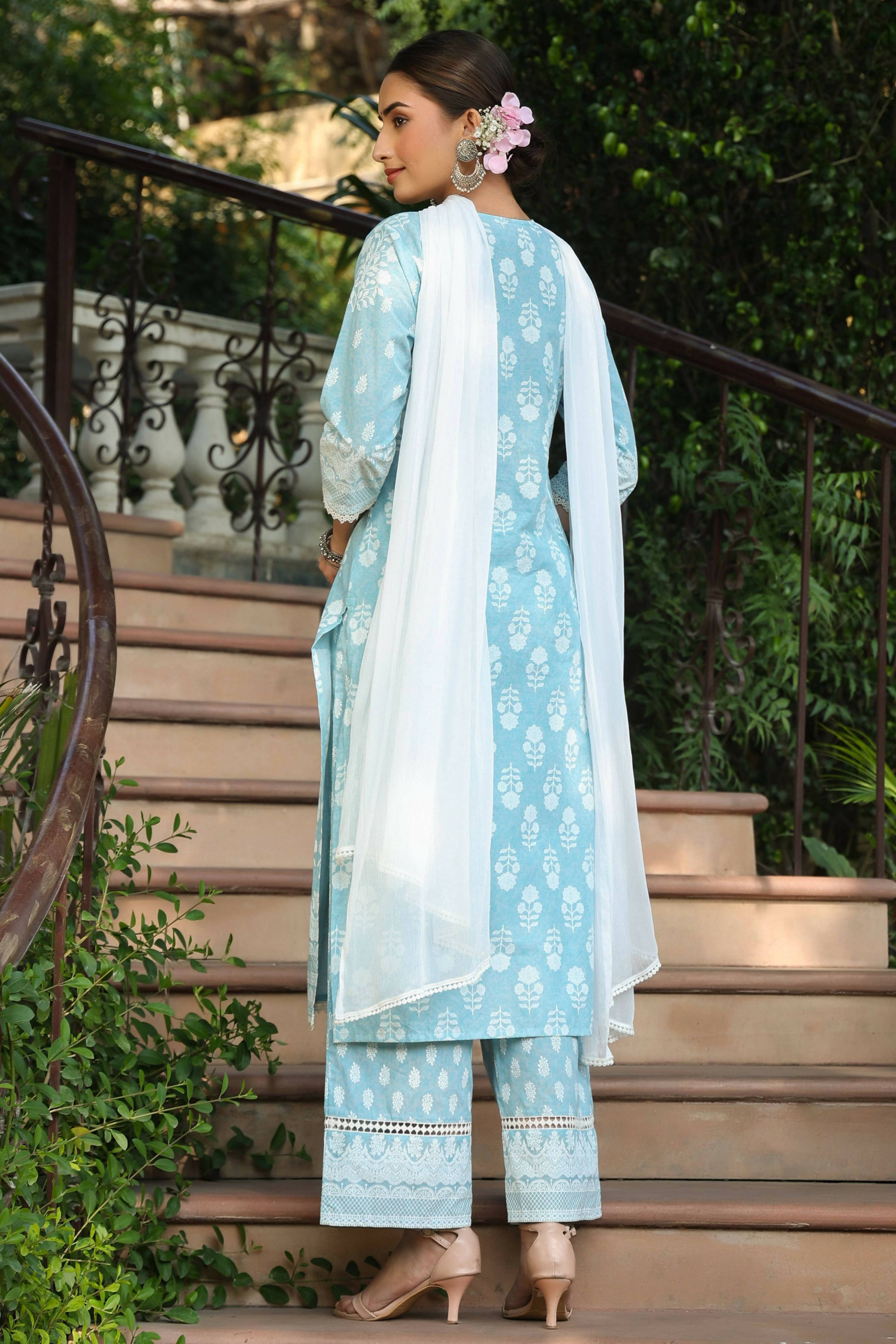 Juniper Women's Skyblue Printed Straight Kurta Sets - Distacart