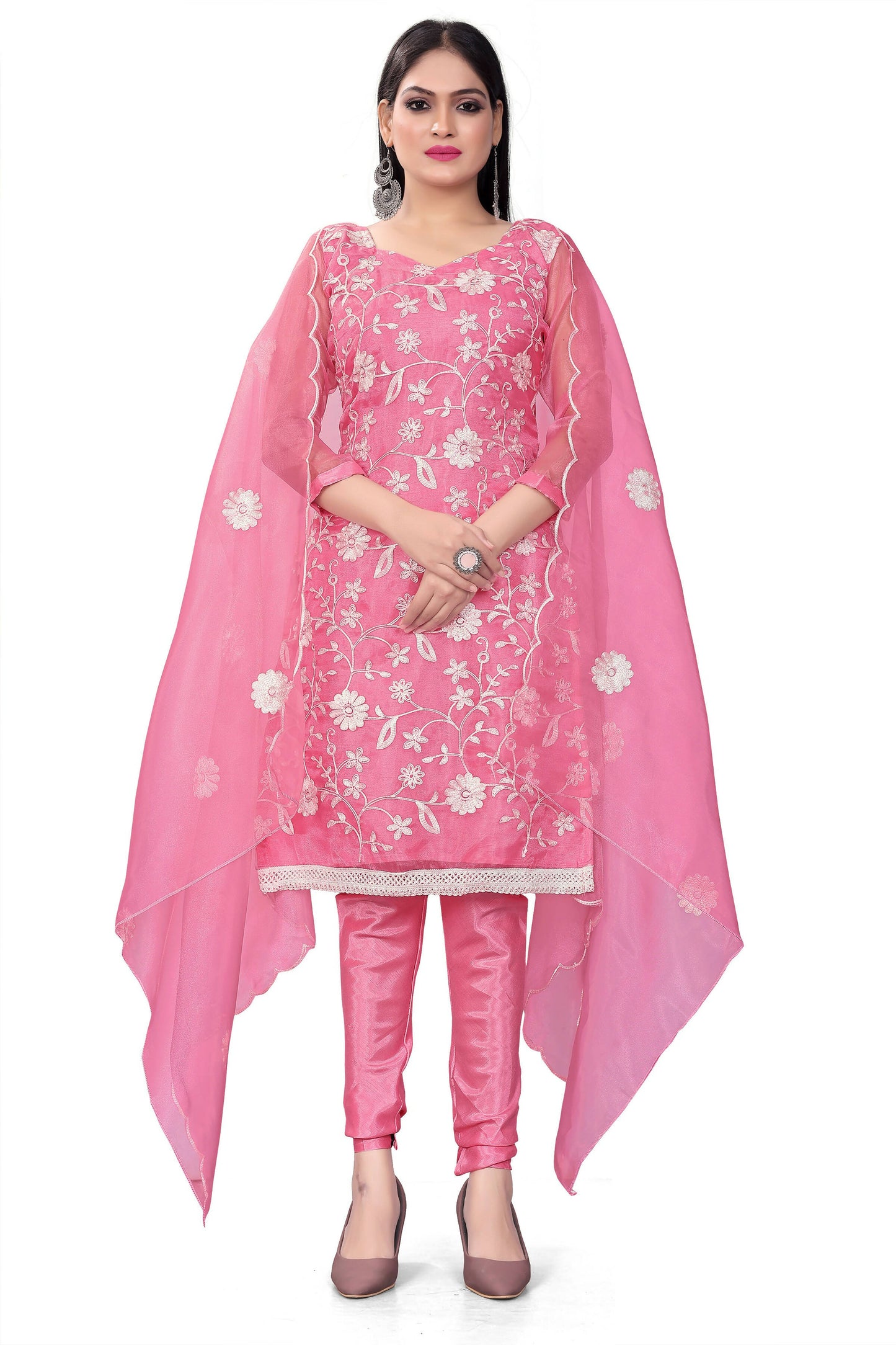 Pink Organza Silk Embroidered Work Unstitched Dress Material - Tanvi - Distacart