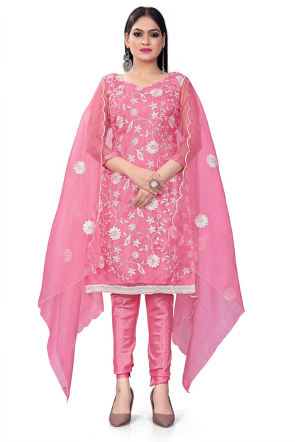 Pink Organza Silk Embroidered Work Unstitched Dress Material - Tanvi - Distacart