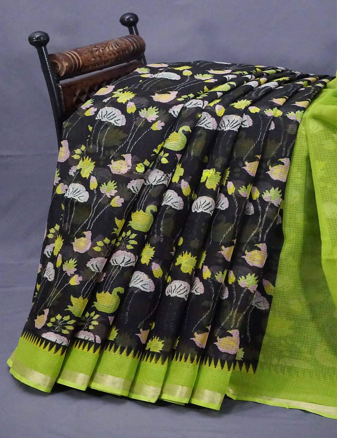 Black and Parrot Green Pichwau Design Pure Kota Cotton Saree By Gayathri Reddy Designer Studio - Distacart