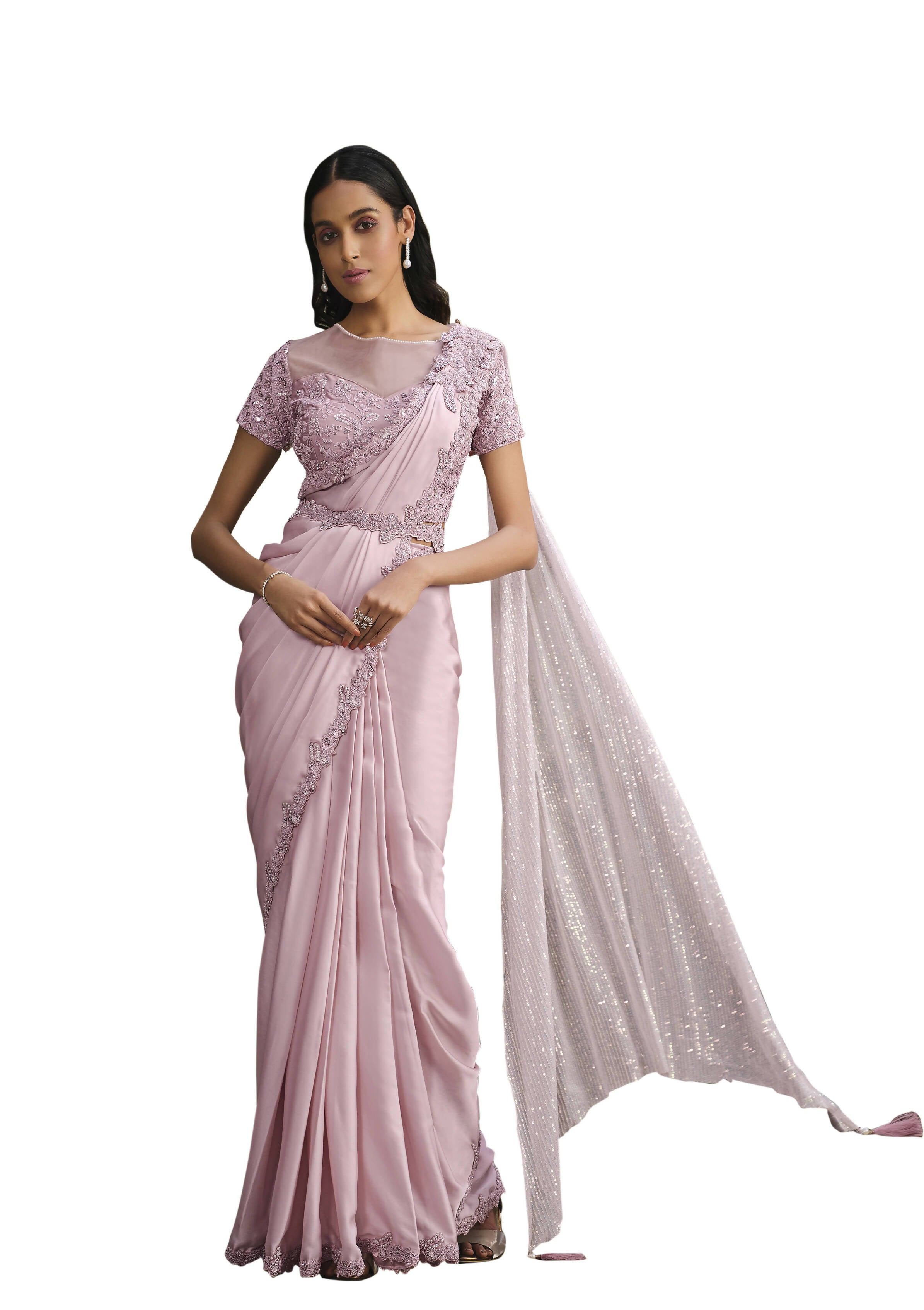 Pink Crepe Georgette Silk Sequence Embroidered With Stone Work Saree With Stitched Blouse - Mohmanthan La Belle - Distacart