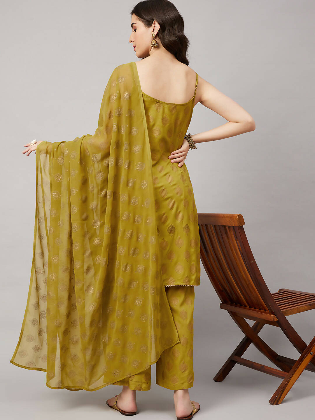 Lime Green & Golden Ethnic Motifs Print Kurta with Palazzo & Dupatta - Vishwa - Distacart