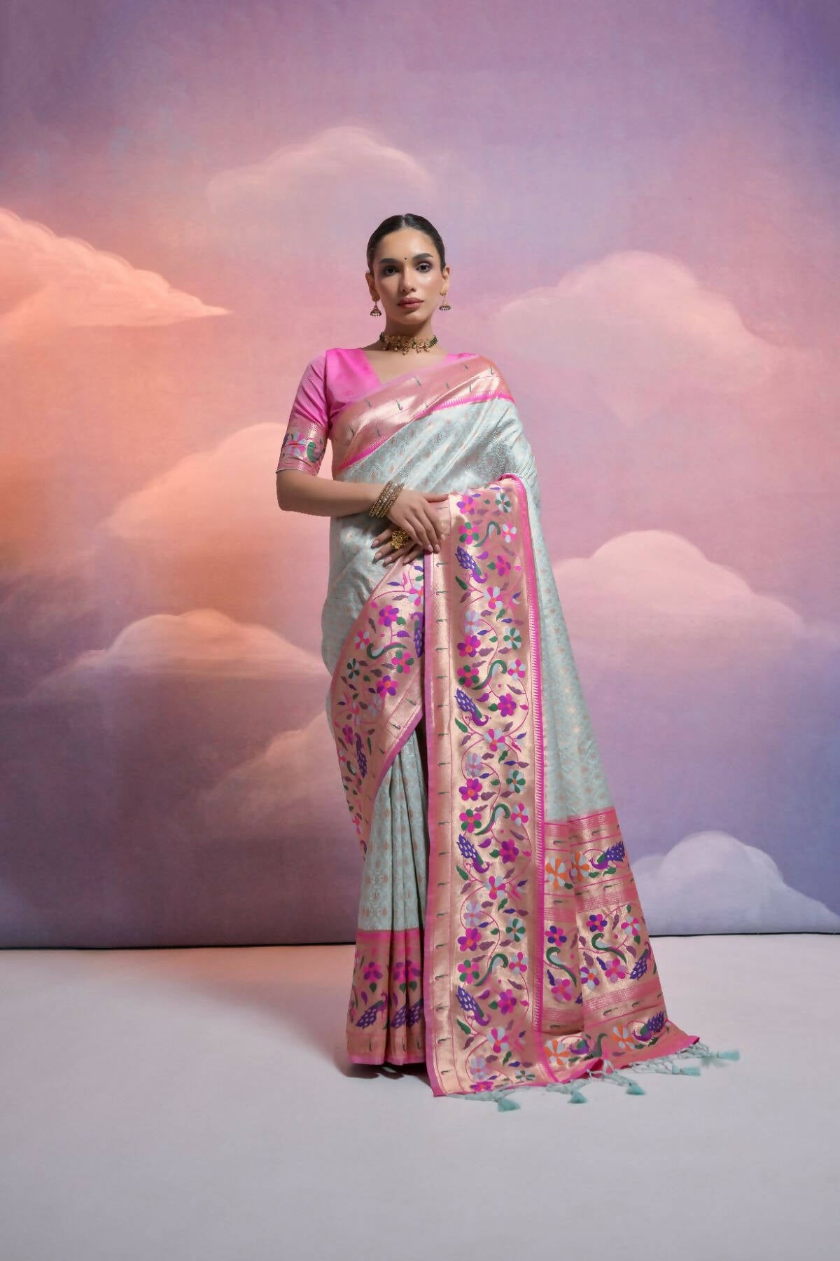 Vishnu Weaves Women's Sea-Green Paithani Silk Zari Woven Saree with Blouse - Distacart