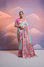Thumbnail for Vishnu Weaves Women's Sea-Green Paithani Silk Zari Woven Saree with Blouse - Distacart