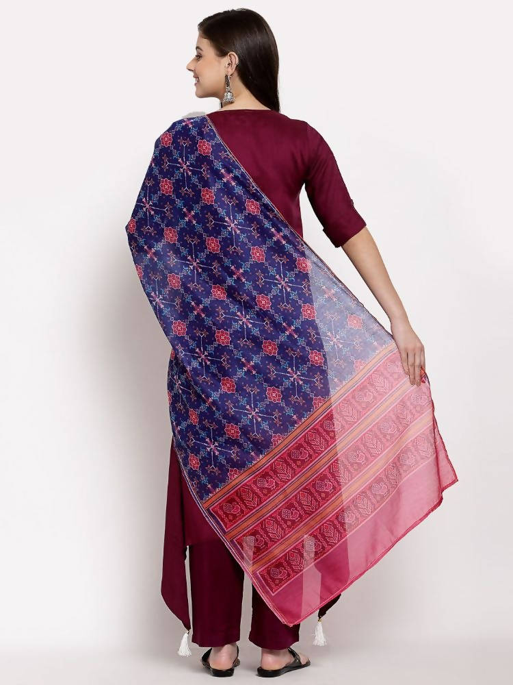 Myshka Women's burgundy Cotton Solid Half Sleeve Collar Neck Casual Kurta Pant Dupatta Set