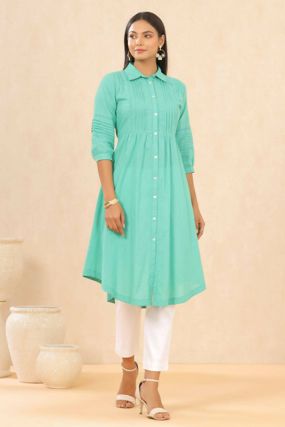 Juniper Womens Blush Turquoise Cotton Slub Solid Mid Length Shirt Dress With Lace Detailing - Distacart