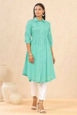 Thumbnail for Juniper Womens Blush Turquoise Cotton Slub Solid Mid Length Shirt Dress With Lace Detailing - Distacart