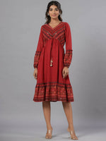 Thumbnail for Juniper Women Rust Georgette Printed Midi Dress - Distacart