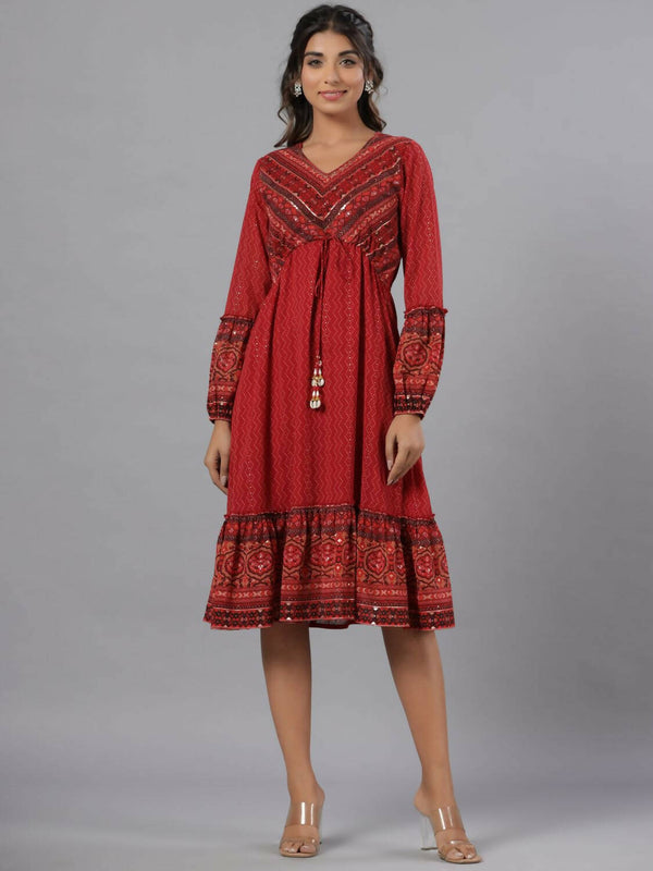 Juniper Women Rust Georgette Printed Midi Dress - Distacart