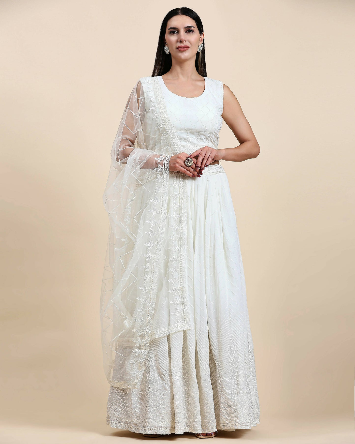 White Pure Viscose Georgette Sequence Embroidery work Lehenga Choli with Dupatta - Aakriti - Distacart