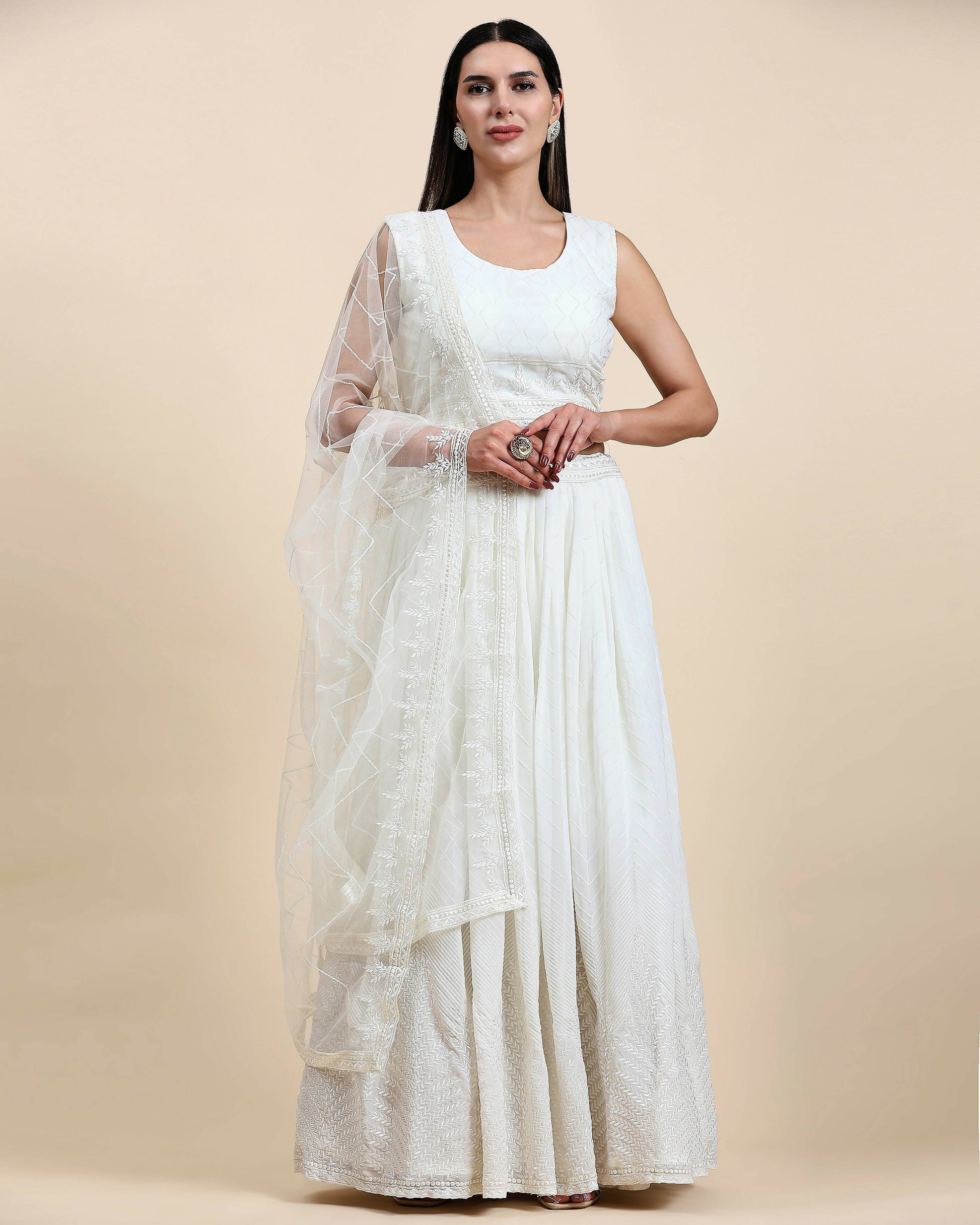 White Pure Viscose Georgette Sequence Embroidery work Lehenga Choli with Dupatta - Aakriti - Distacart