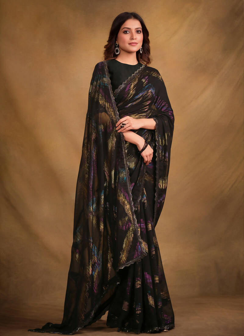 Black Zari Jacquard Print Designer Saree with Unstitched Blouse - Norita Mahitha - Distacart