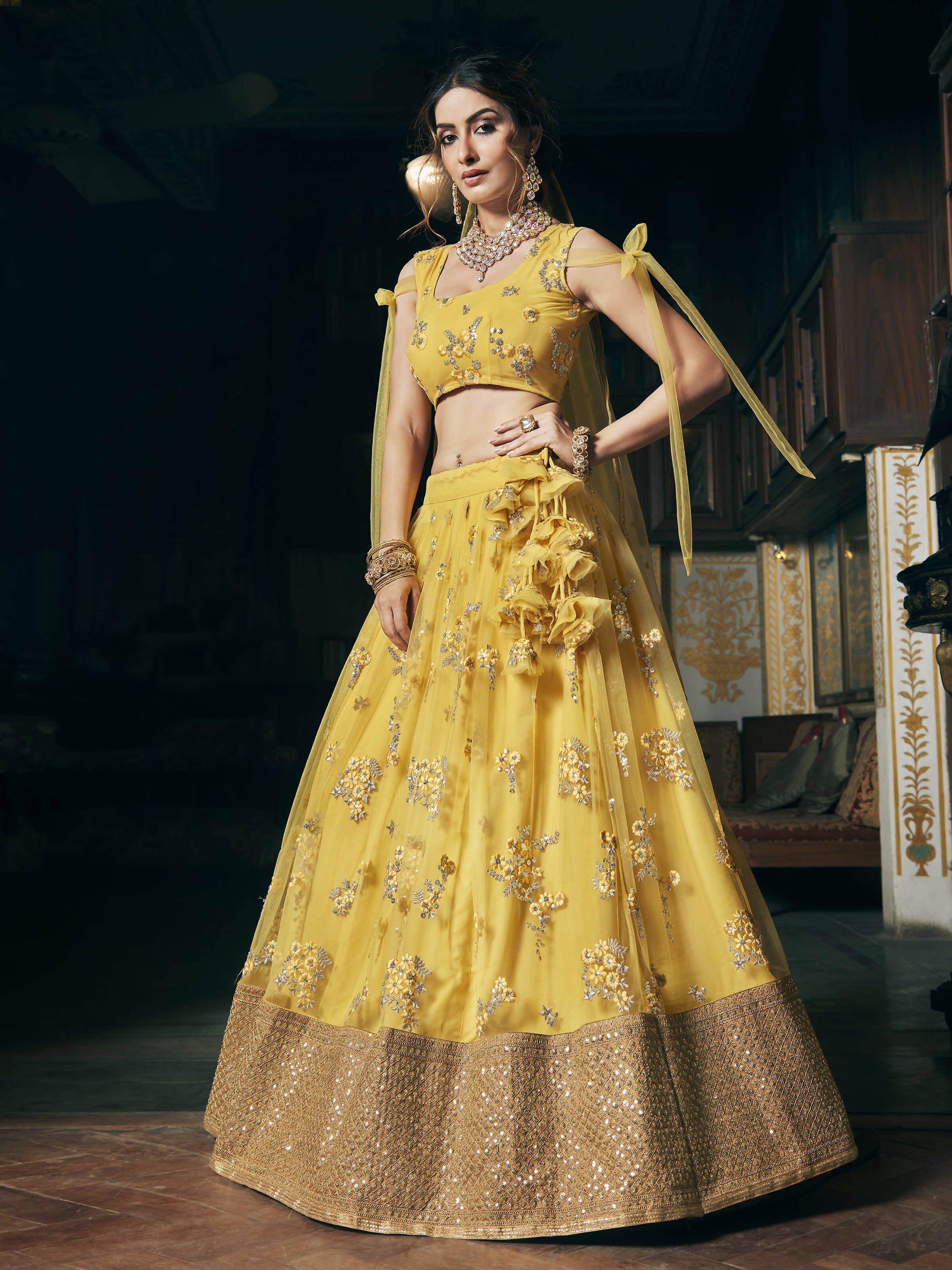 Wedding Designer Sequene Zari Resham Embroidery Yellow Net Lahengha Choli - Anbazaar - Distacart