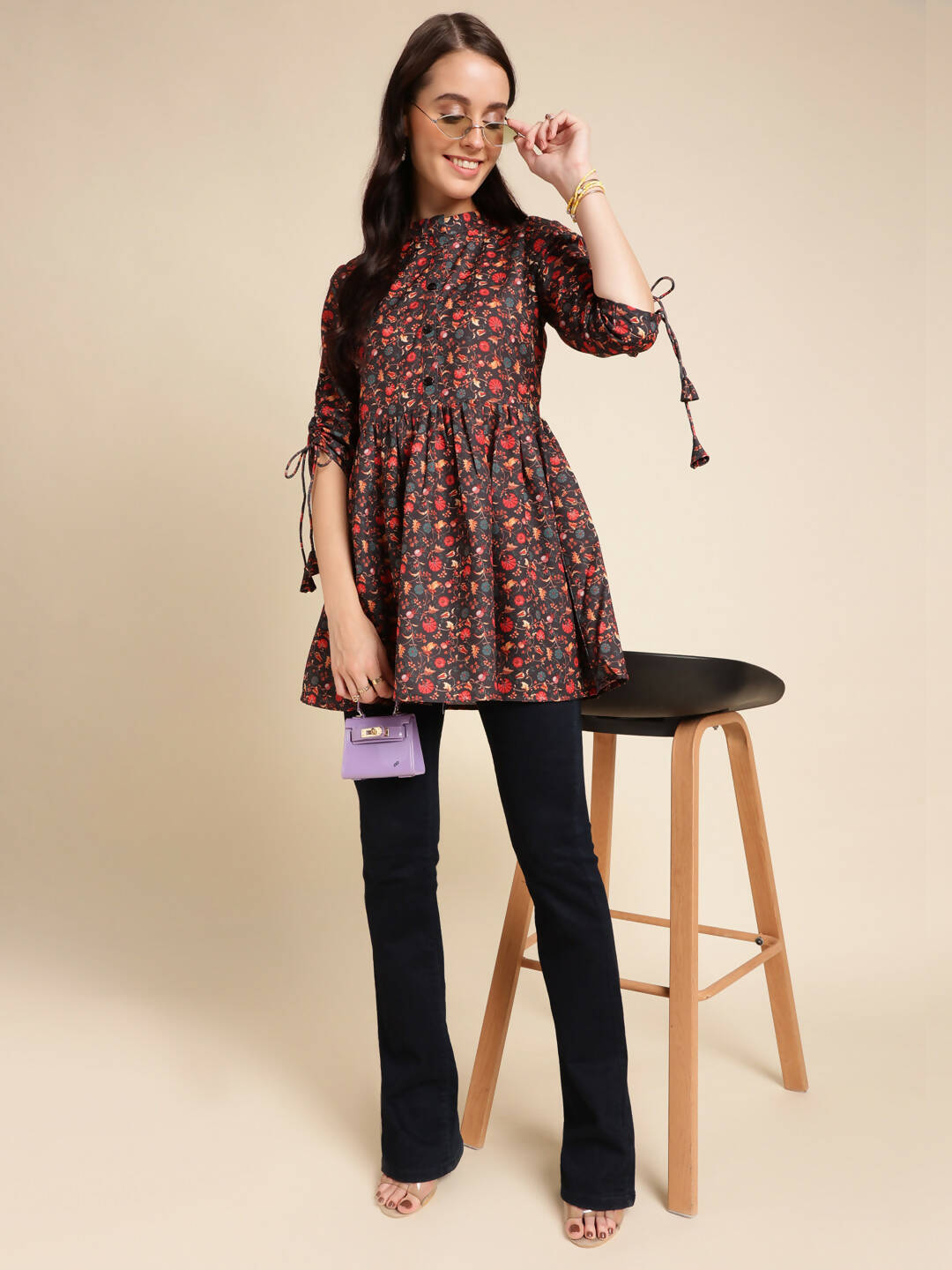 Black Poly Rayon Digital Printed A-line Top - Tarini - Distacart