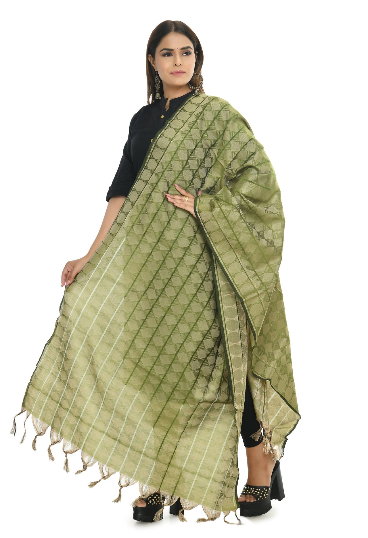Mominos Fashion Moeza Handloom Cotton Mehendi Green Dupatta - Distacart