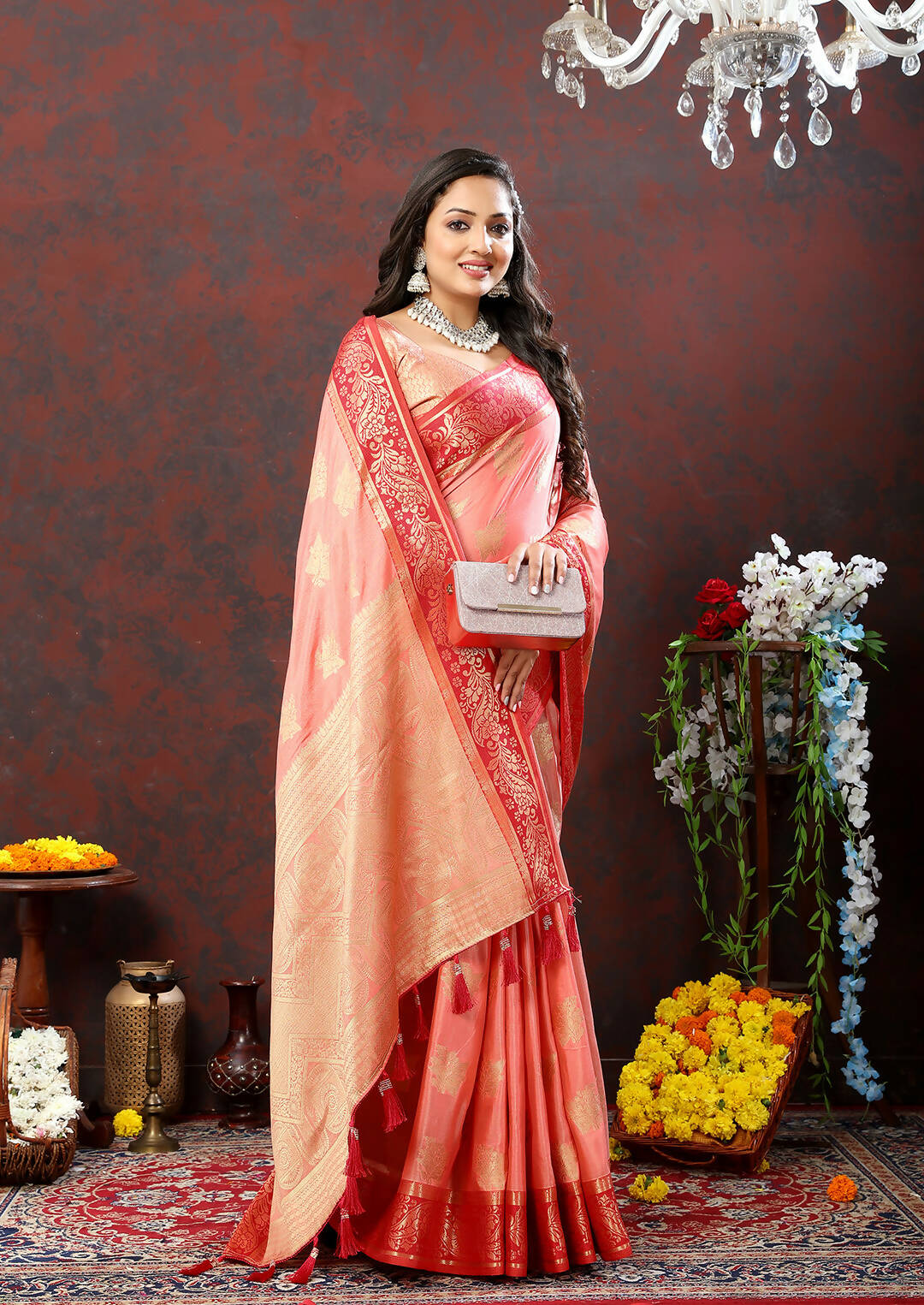 Lorenvalley Fashion Peach Cotton Woven Design with Zari Weaving Design Saree - Distacart