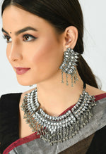 Thumbnail for Mominos Fashion Johar Kamal Oxidised Silver-Plated Brass Finish Kundan Necklace For Women (Silver) - Distacart