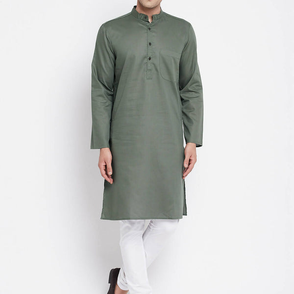 Even Apparels Green Color Linen Men's Kurta With Band Collar - Distacart