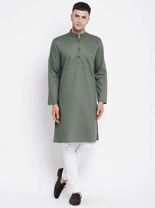 Even Apparels Green Color Linen Men's Kurta With Band Collar - Distacart