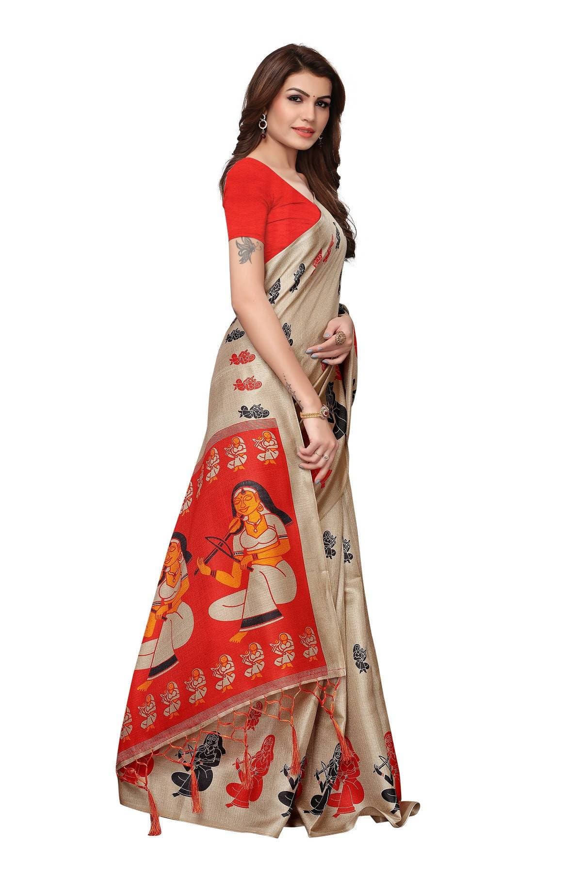 Vamika Chiku & Red Kalamkari With Jhalar Khadi Silk Saree