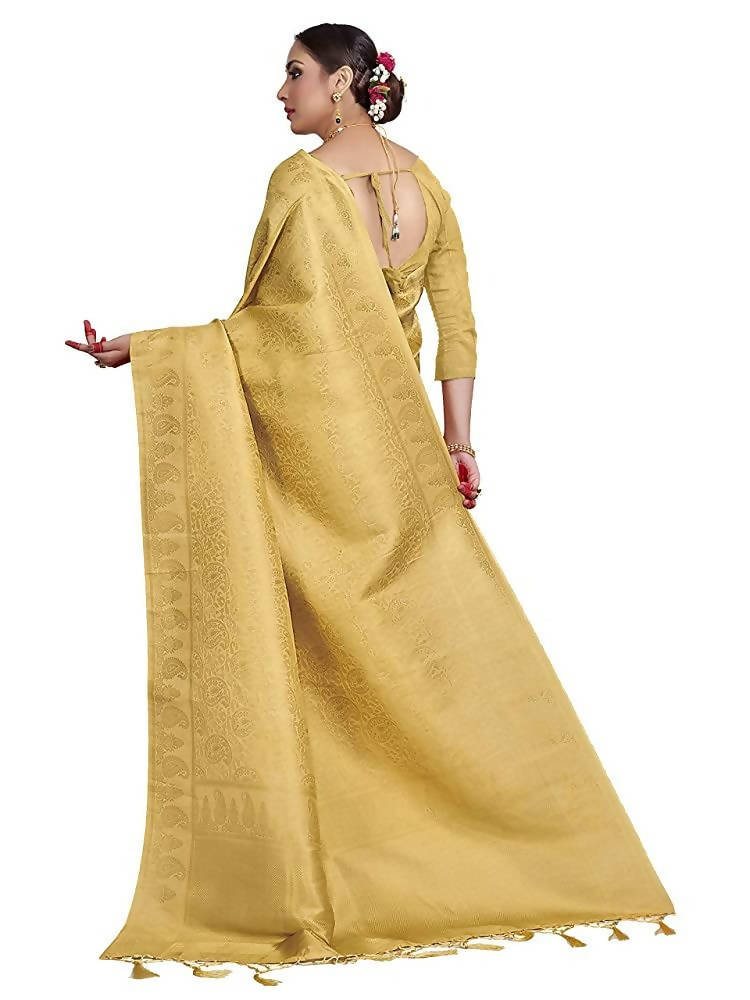 Vardha Women's Beige Color Kanchipuram Raw Silk Saree with Unstitched Blouse Piece