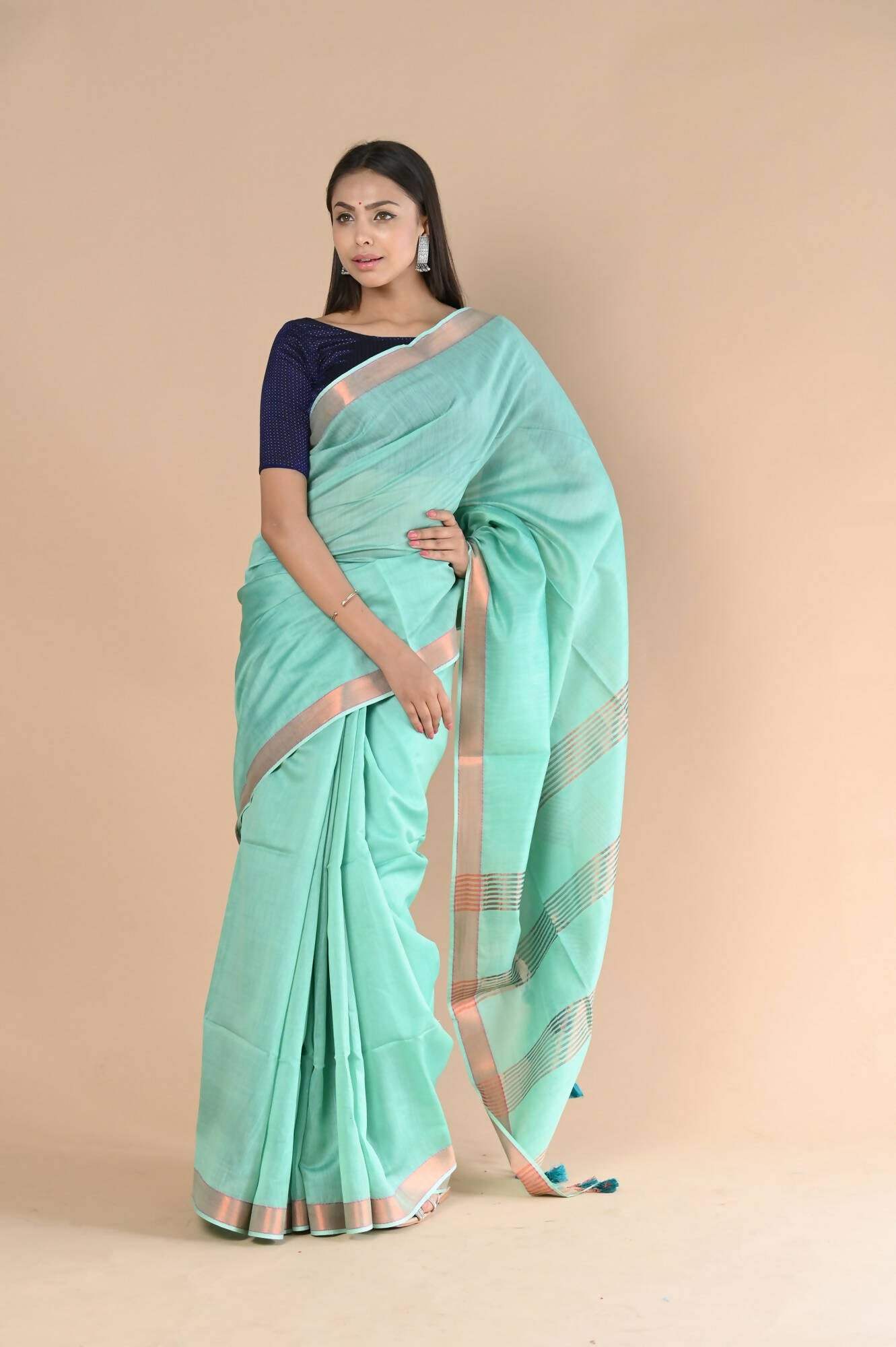 Very Much Indian Handloom Cotton Silk Maheshwari Saree With Sleek Golden Border - Teal Green - Distacart