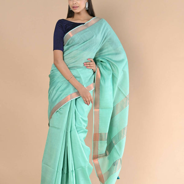 Very Much Indian Handloom Cotton Silk Maheshwari Saree With Sleek Golden Border - Teal Green - Distacart